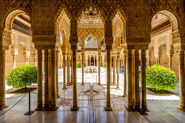 Court of the Lions is part of Nasrid Palaces of Alhambra palace complex, Granada, Spain